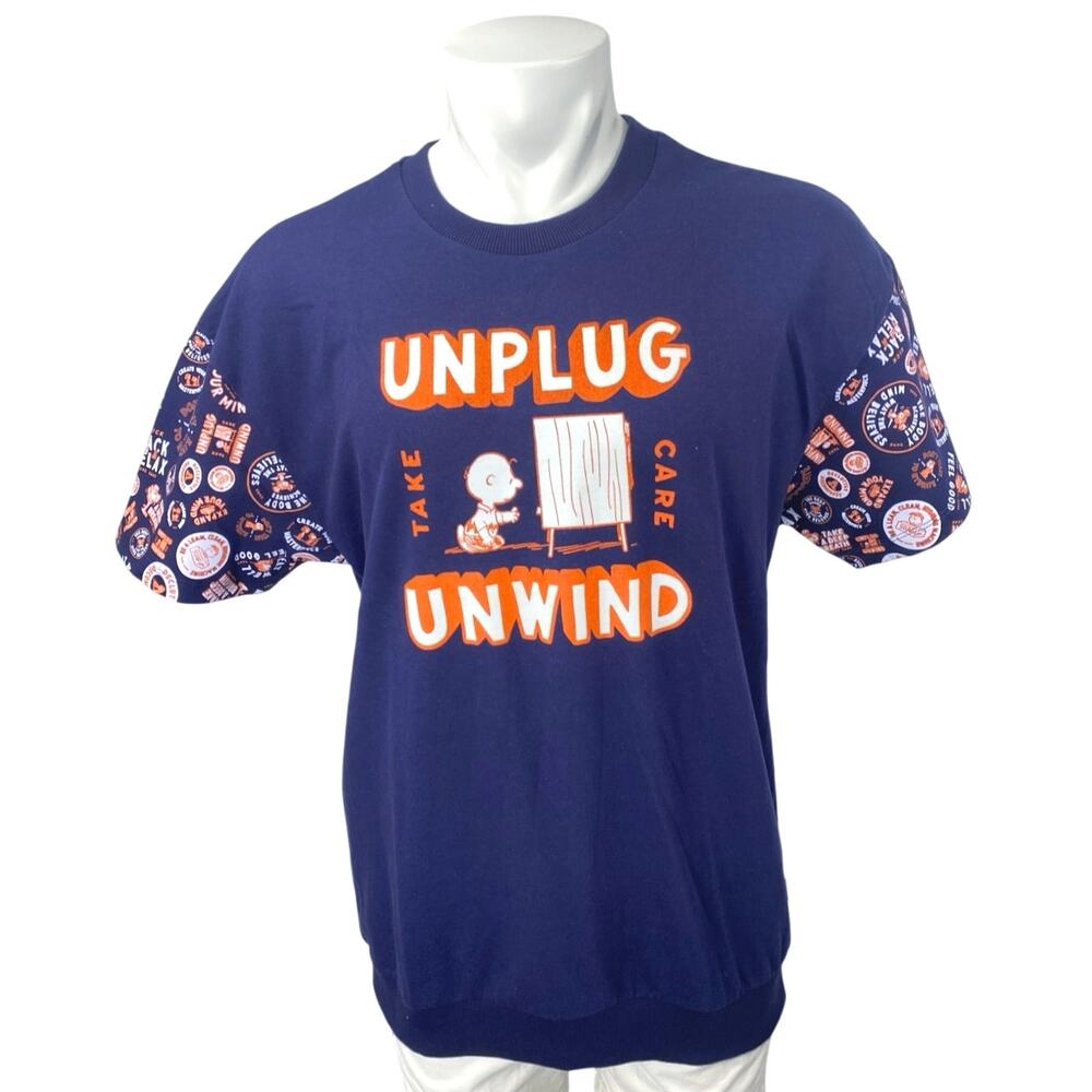 Jack & Jones Peanuts Unplug Unwind Men's Blue Short Sleeve Tee T-Shirt Top Sz L